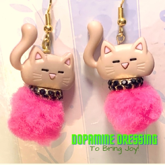 Hand Crafted Jewelry - Handcrafted Cute PomPom Pink Cat Earrings NWOT